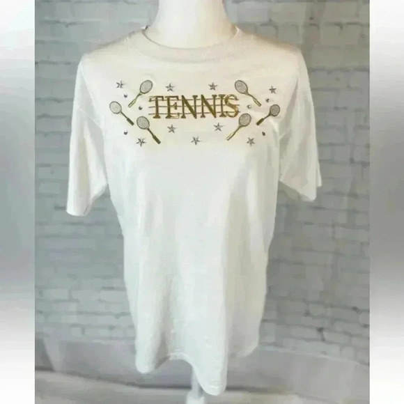 Vintage STUDZ Connection white Gold Tennis T shirt Top woman’s size L Embellish - Picture 13 of 13